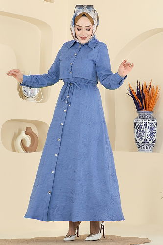 moda selvim Rüzgarlık Detaylı Sofıa Elbise 3307BLU797 İndigo - Thumbnail