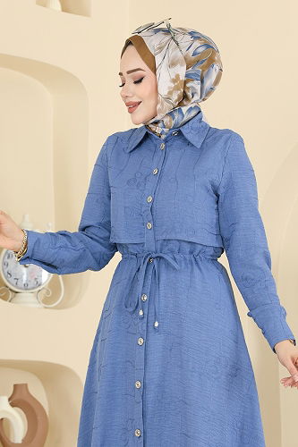 moda selvim Rüzgarlık Detaylı Sofıa Elbise 3307BLU797 İndigo - Thumbnail