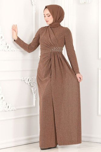 moda selvim Safir Tesettür Abiye 2216PN204 Bakır - Thumbnail