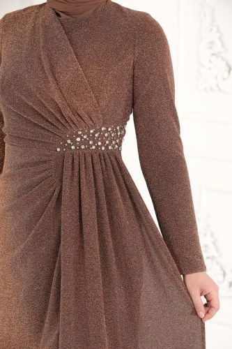 moda selvim Safir Tesettür Abiye 2216PN204 Bakır - Thumbnail