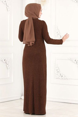 moda selvim Safir Tesettür Abiye 2216PN204 Kahve - Thumbnail