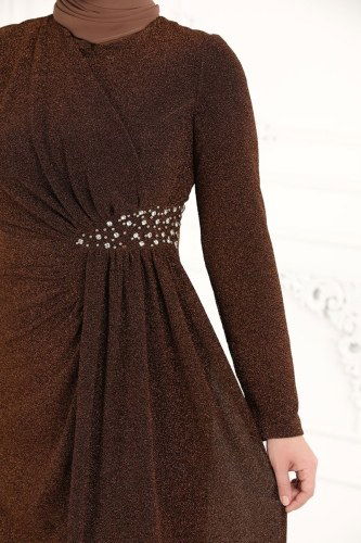 moda selvim Safir Tesettür Abiye 2216PN204 Kahve - Thumbnail