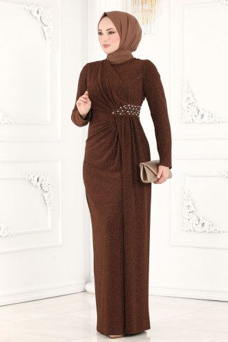 moda selvim Safir Tesettür Abiye 2216PN204 Kahve - Thumbnail