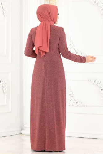 moda selvim Safir Tesettür Abiye 2216PN204 Koyu Gül Kurusu - Thumbnail