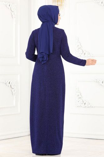 moda selvim Safir Tesettür Abiye 2216PN204 Morcivert - Thumbnail