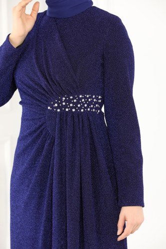 moda selvim Safir Tesettür Abiye 2216PN204 Morcivert - Thumbnail