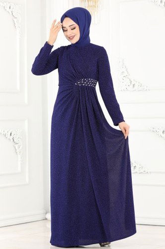 moda selvim Safir Tesettür Abiye 2216PN204 Morcivert - Thumbnail