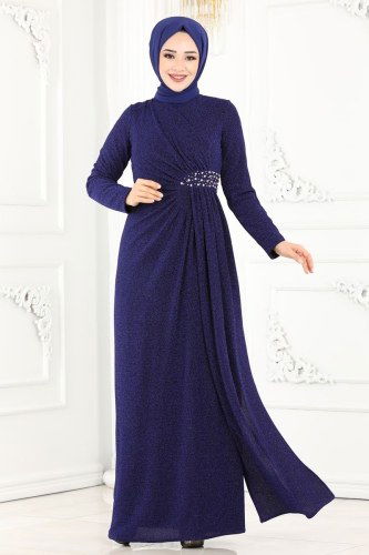 moda selvim Safir Tesettür Abiye 2216PN204 Morcivert - Thumbnail