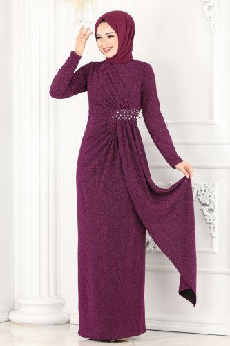 moda selvim Safir Tesettür Abiye 2216PN204 Mürdüm - Thumbnail