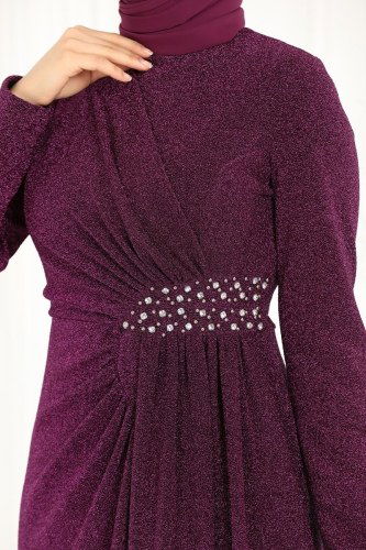 moda selvim Safir Tesettür Abiye 2216PN204 Mürdüm - Thumbnail