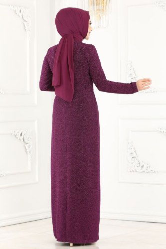 moda selvim Safir Tesettür Abiye 2216PN204 Mürdüm - Thumbnail