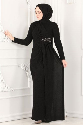 moda selvim Safir Tesettür Abiye 2216PN204 Siyah - Thumbnail