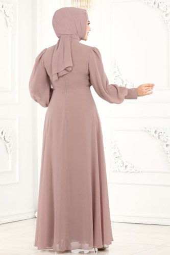 moda selvim Sahra Şifon Abiye 5337AB368 Pudra - Thumbnail