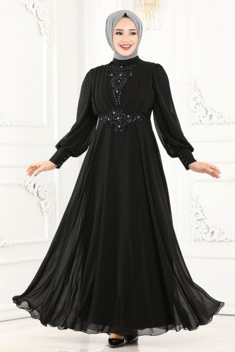 moda selvim Sahra Şifon Abiye 5337AB368 Siyah - Thumbnail