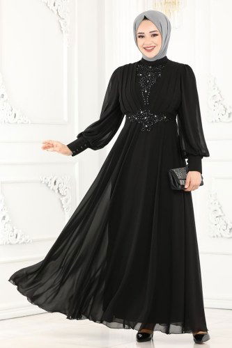 moda selvim Sahra Şifon Abiye 5337AB368 Siyah - Thumbnail