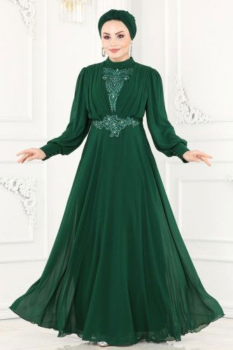moda selvim Sahra Şifon Abiye 5337AB368 Zümrüt - Thumbnail