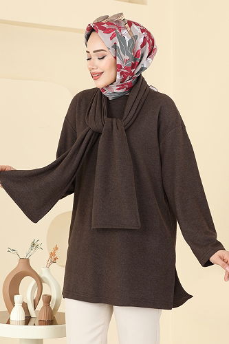moda selvim Şal Aksesuarlı Selanik Tunik 4553NFC1010 Kahve - Thumbnail