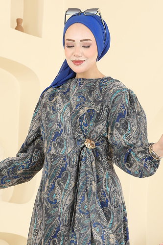 moda selvim Şal Desen Aksesuarlı Şifon Elbise 6152ORG1169 Haki - Thumbnail