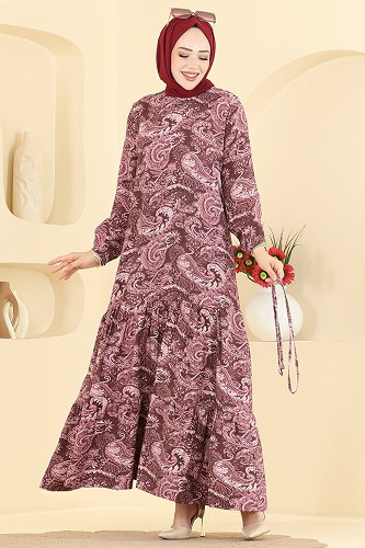 moda selvim Şal Desen Modal Elbise 6154ORG1169 Bordo - Thumbnail