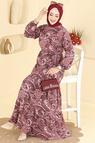 moda selvim Şal Desen Modal Elbise 6154ORG1169 Bordo - Thumbnail