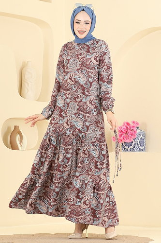 moda selvim Şal Desen Modal Elbise 6154ORG1169 Kahve - Thumbnail
