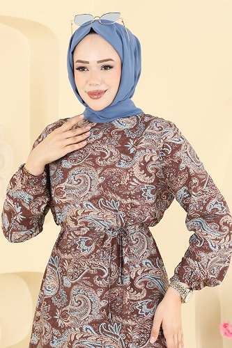 moda selvim Şal Desen Modal Elbise 6154ORG1169 Kahve - Thumbnail