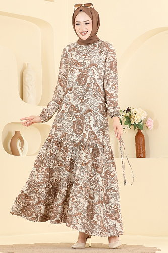 moda selvim Şal Desen Modal Elbise 6154ORG1169 Vizyon - Thumbnail