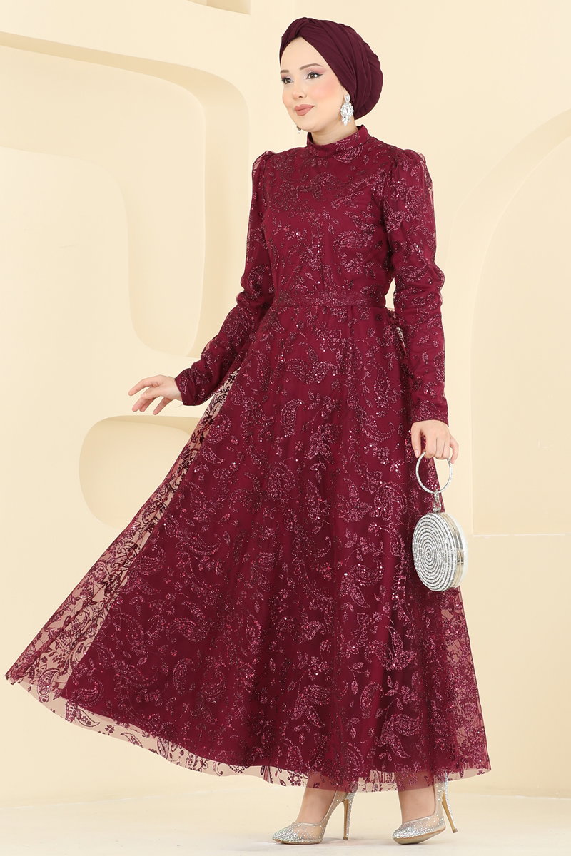 Şal Desen Simli Abiye 5813EDFK1198 Bordo