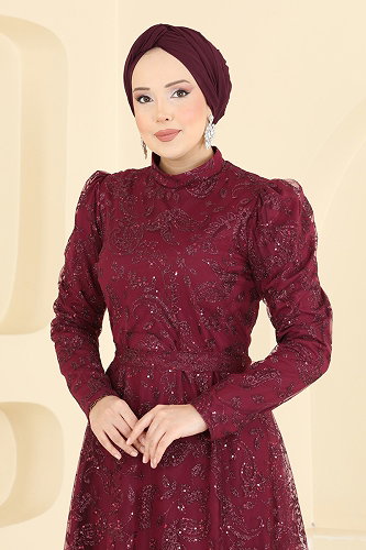 moda selvim Şal Desen Simli Abiye 5813EDFK1198 Bordo - Thumbnail