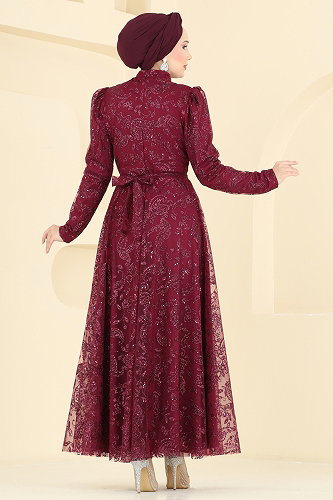 moda selvim Şal Desen Simli Abiye 5813EDFK1198 Bordo - Thumbnail