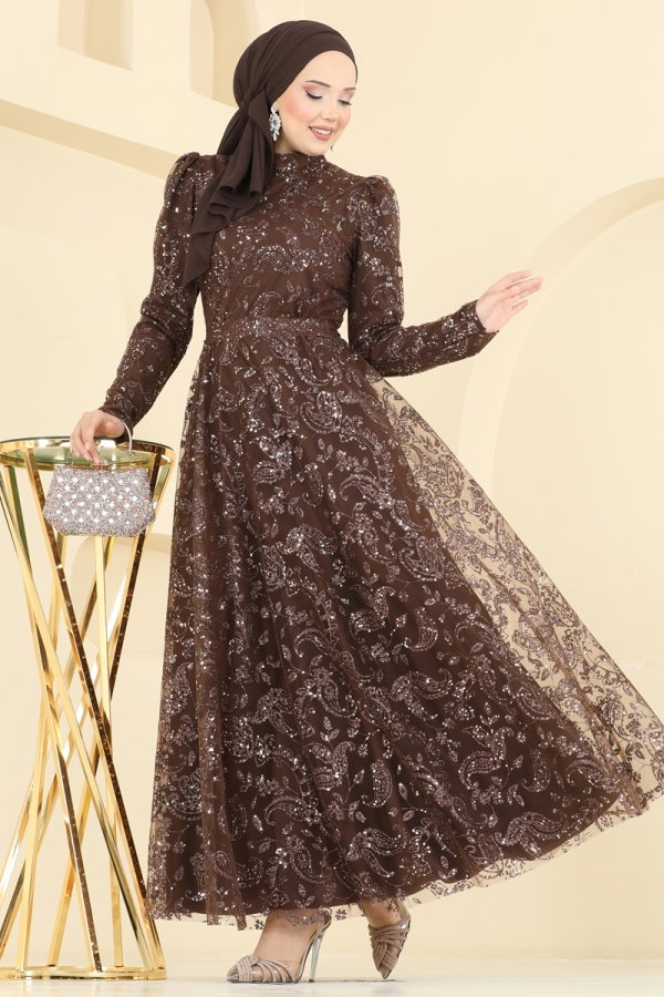 Modaselvim ABİYE Şal Desen Simli Abiye 5813EDFK1198 Kahve