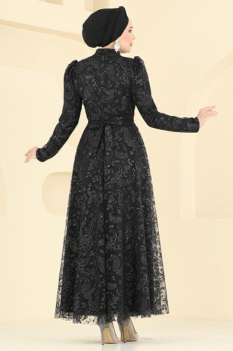 moda selvim Şal Desen Simli Abiye 5813EDFK1198 Siyah - Thumbnail