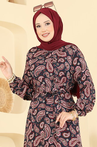 moda selvim Şal Desen Viskon Elbise 033MR1078 Laci - Thumbnail