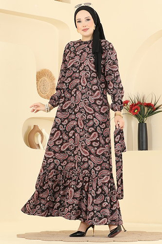moda selvim Şal Desen Viskon Elbise 033MR1078 Siyah - Thumbnail