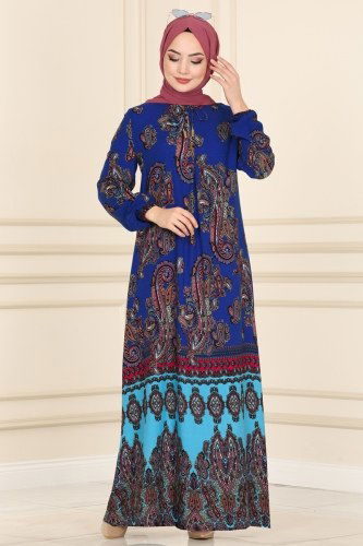 B.G.S. - Şal Desenli Viskon Elbise 1102BG354 Saks
