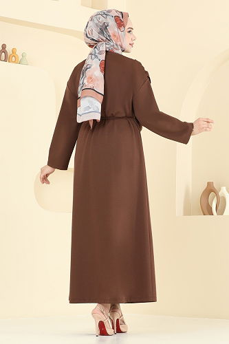 moda selvim Şal Detay Kemerli Elbise 3057KTR750 Kahve - Thumbnail