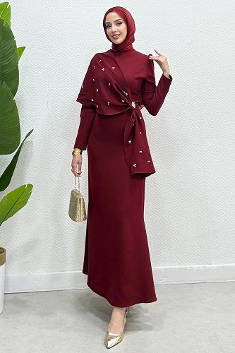 moda selvim Şal Detay Taşlı Abiye 4444ALG474 Açık Bordo - Thumbnail