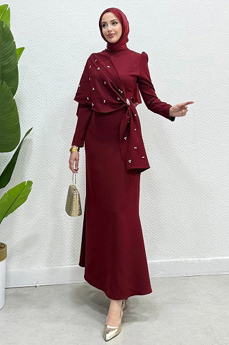 moda selvim Şal Detay Taşlı Abiye 4444ALG474 Açık Bordo - Thumbnail