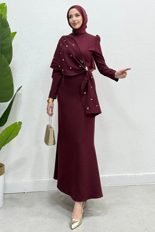 Modaselvim ABİYE Şal Detay Taşlı Abiye 4444ALG474 Bordo