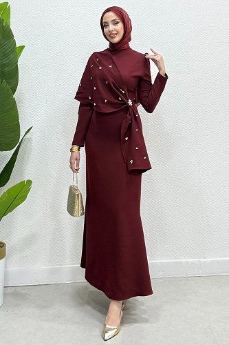 moda selvim Şal Detay Taşlı Abiye 4444ALG474 Bordo - Thumbnail