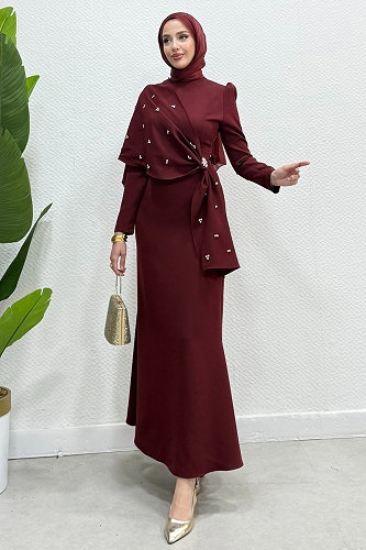 moda selvim Şal Detay Taşlı Abiye 4444ALG474 Bordo - Thumbnail