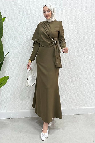 moda selvim Şal Detay Taşlı Abiye 4444ALG474 Haki - Thumbnail