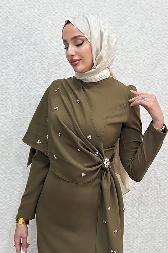 moda selvim Şal Detay Taşlı Abiye 4444ALG474 Haki - Thumbnail