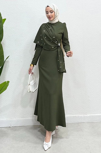 moda selvim Şal Detay Taşlı Abiye 4444ALG474 Koyu Haki - Thumbnail
