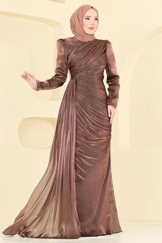 moda selvim Şal Detaylı 2 li Organze Abiye 5663DMNK1166 Bakır - Thumbnail