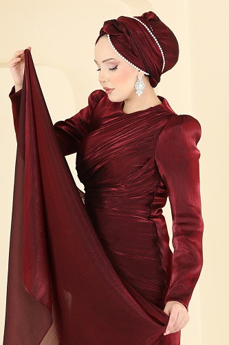 moda selvim Şal Detaylı 2 li Organze Abiye 5663DMNK1166 Bordo - Thumbnail