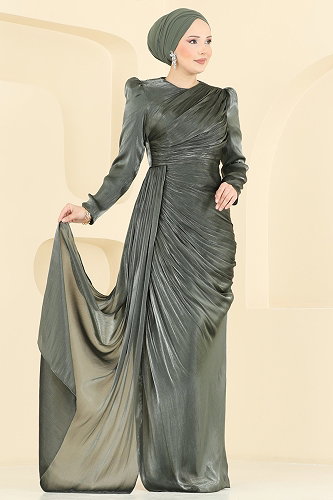 moda selvim Şal Detaylı 2 li Organze Abiye 5663DMNK1166 Haki - Thumbnail