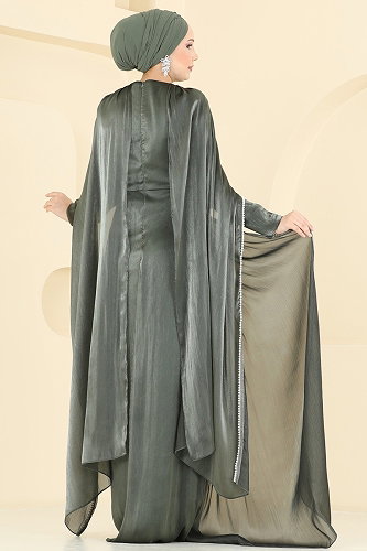 moda selvim Şal Detaylı 2 li Organze Abiye 5663DMNK1166 Haki - Thumbnail