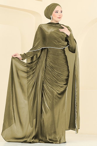 moda selvim Şal Detaylı 2 li Organze Abiye 5663DMNK1166 Haki - Thumbnail