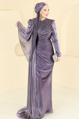 moda selvim Şal Detaylı 2 li Organze Abiye 5663DMNK1166 Koyu Lila - Thumbnail